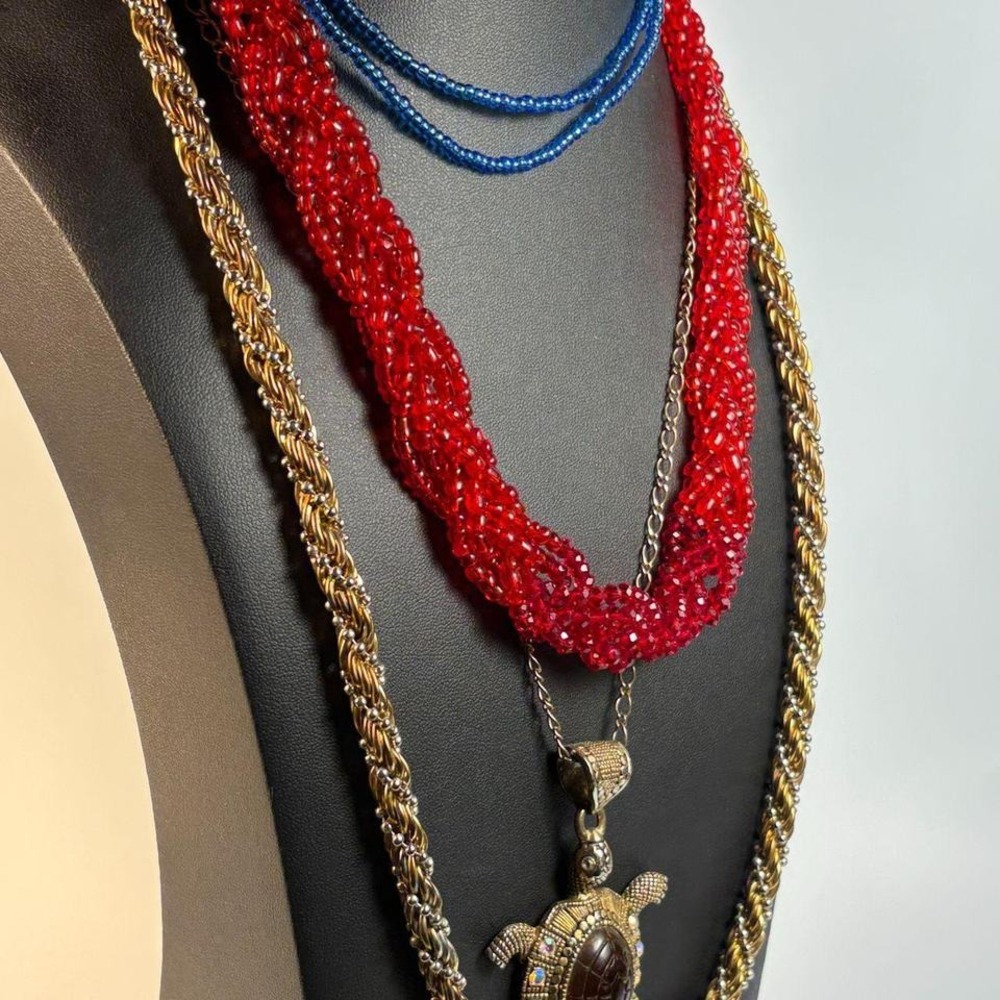 Vintage‎ boho necklaces with glass, wood, metal, and carved seed beads